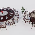 Round Dining Table Set With Chairs Tableware Decorations And Potted Plant 3d model