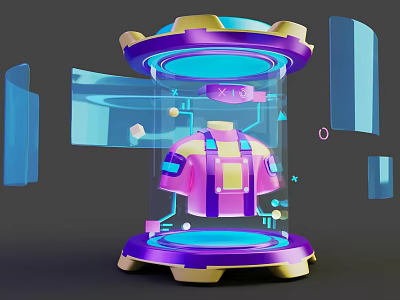 Electronic Appliance Display With Transparent Cylinder Pink Yellow Components Blue Lighting And Golden Base 3d model