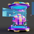 Electronic Appliance Display With Transparent Cylinder Pink Yellow Components Blue Lighting And Golden Base