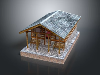 Traditional Rural Self Built House With Tiled Roof Wooden Porch And Stone Foundation 3d model