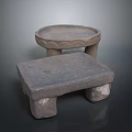 Rustic Stone Home Supplies Including Stool And Tray With Rough Texture 3d model