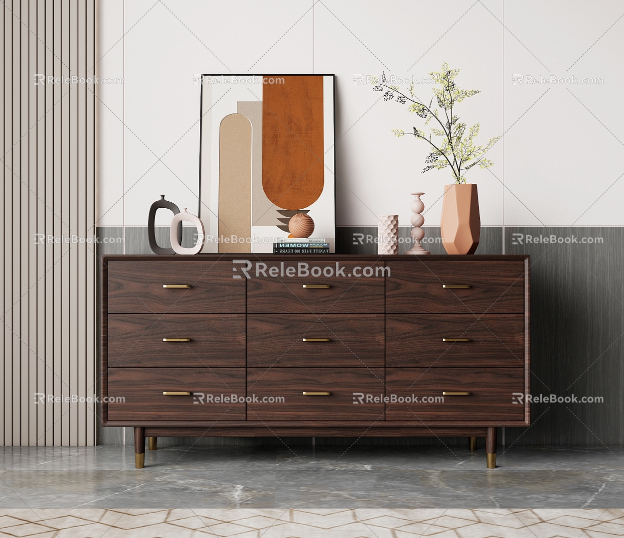 Nordic solid wood side cabinet SU model 3d model