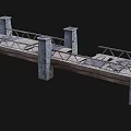 Wooden Bridge Structure With Stone Pillars And Wooden Planks Railings