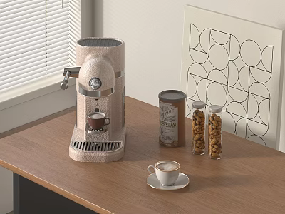 Coffee Machine As Kitchen Appliance On Wooden Table With Coffee Cup Jars And Wall Art 3d model