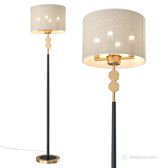 Modern Black Floor Lamp With Gold Round Accents And Beige Fabric Illuminated Shade 3d model 