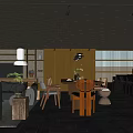 Contemporary Living and Dining Room Interior With Wooden Ceiling Pendant Lights And Black Floor Tiles