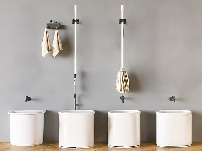 Organized Cleaning Storage With White Buckets Wall Mounted Mops And Towels 3d model