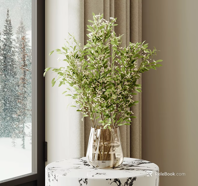 Clear Glass Vase With Fresh Green Leafy Plant On Table By Snowy Window View 3d model 