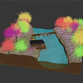 Rural Scene 3D Model With Blue River Green Trees Wooden Bridge And Small Cabin