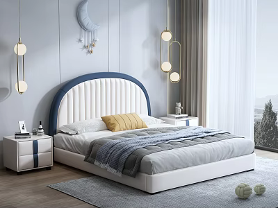 Blue and White Tufted Double Bed with Upholstered Headboard Yellow Cushion Gray Blanket and Pendant Lights 3d model