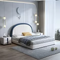 Blue and White Tufted Double Bed with Upholstered Headboard Yellow Cushion Gray Blanket and Pendant Lights