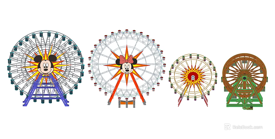Amusement Park Ferris Wheels With Various Designs Including Minnie Mouse Theme And Colorful Structures 3d model 