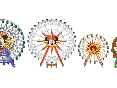 Amusement Park Ferris Wheels With Various Designs Including Minnie Mouse Theme And Colorful Structures 3d model