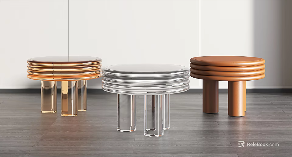 Modern Round Coffee Tables With Transparent Glass Tops And Brown Metal Bases 3d model 