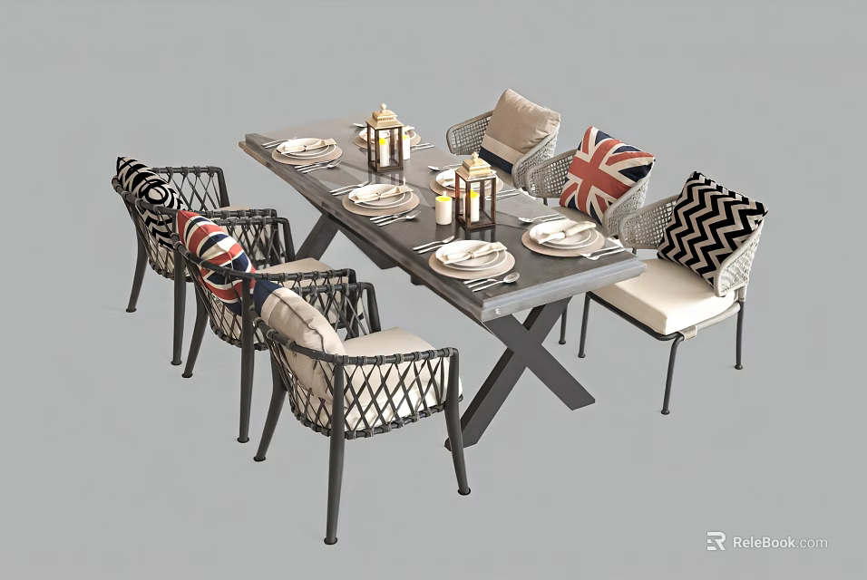 Modern Outdoor Woven Dining Table Set With Decorative Patterned Cushions And Neat Dinnerware Settings 3d model 