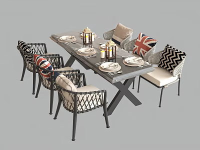 Modern Outdoor Woven Dining Table Set With Decorative Patterned Cushions And Neat Dinnerware Settings 3d model