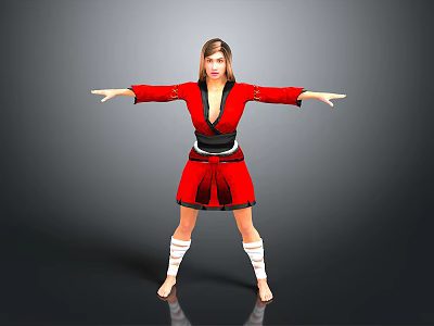 Woman In Red Traditional Costume With Arms Outstretched Against Gray Background 3d model