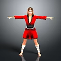 Woman In Red Traditional Costume With Arms Outstretched Against Gray Background