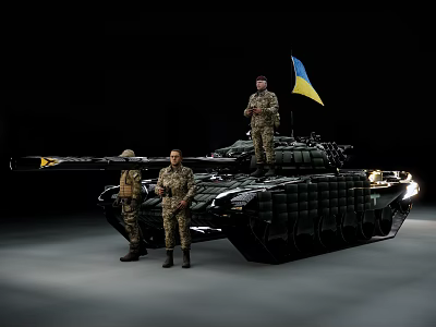 Ukrainian Military Tank With Soldiers And National Flag On 3d model