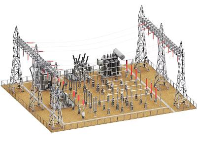 Industrial Substation Equipment With High Voltage Transmission Towers And Power Components 3d model
