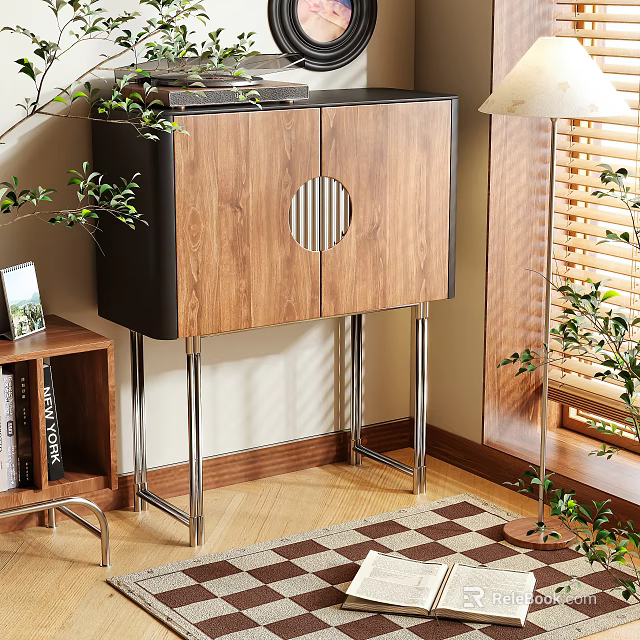 Stylish Modern Entryway Side Cabinet With Wooden Doors Metal Legs Green Plants And Checkered Rug 3d model 