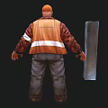 Man In Orange Hard Hat And Brown Overalls Standing By Gray Metal Cabinet