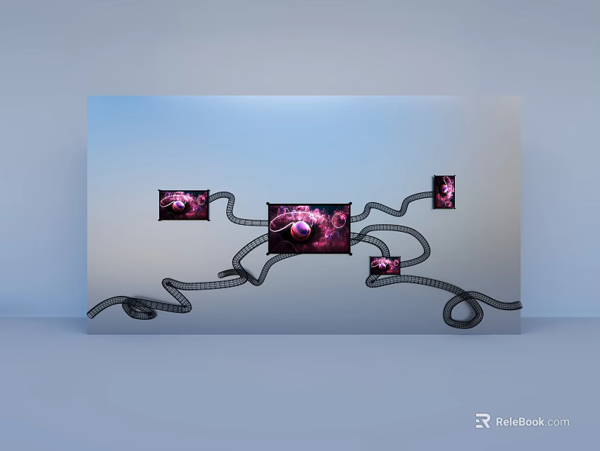 Art Installation With Gray Panel Black Curving Lines And Pink Floral Square Sections 3d model 