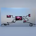 Art Installation With Gray Panel Black Curving Lines And Pink Floral Square Sections