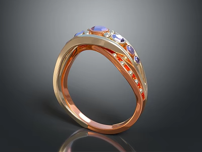 Modern Rose Gold Ring With Twisted Band Purple Pink Gemstones And Diamonds 3d model