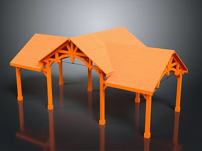 Outdoor Architectural Structure Featuring Multiple Orange Tiled Roofs Wooden Frame And Supporting Pillars 3d model