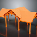Outdoor Architectural Structure Featuring Multiple Orange Tiled Roofs Wooden Frame And Supporting Pillars