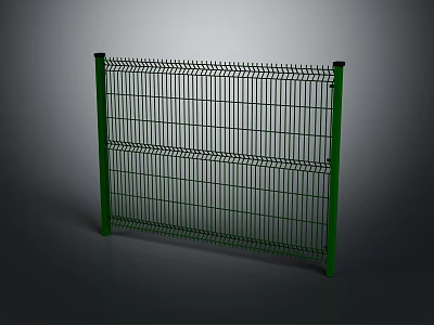 Green Metal Wire Mesh Fence With Vertical Grid Design And Support Posts 3d model