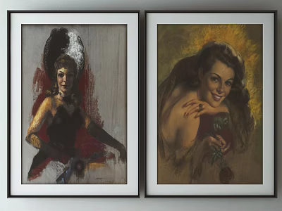 Framed Female Portrait Paintings With Dark Clothing Curly Hair Red Rose And Warm Tones 3d model