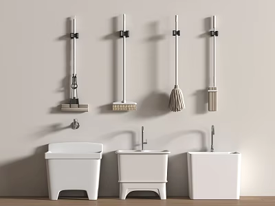 Useful Bathroom Accessories Featuring Hanging Cleaning Tools Mops Brooms And White Buckets 3d model