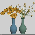 Ceramic Vases In Blue And Turquoise With Yellow And White Flowers On Light Blue Background