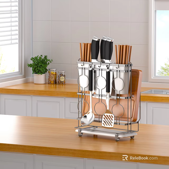 Modern Stainless Steel Kitchen Utensil Organizer With Knives Spatulas And Cutting Boards On Countertop 3d model 