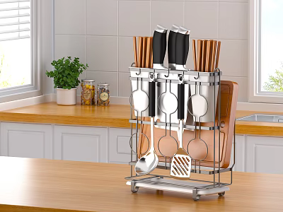 Modern Stainless Steel Kitchen Utensil Organizer With Knives Spatulas And Cutting Boards On Countertop 3d model