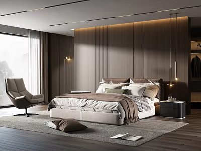 Modern Bedroom Interior With Comfortable Bed Accent Chair Soft Rug And Large Window 3d model