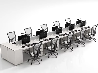 Modern Office Workspace With Rows of Desks Ergonomic Chairs and Computer Monitors 3d model