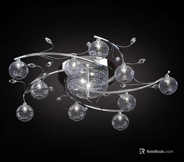 Modern Ceiling Light With Curved Metal Arms Transparent Glass Globes And Crystal Accents 3d model 