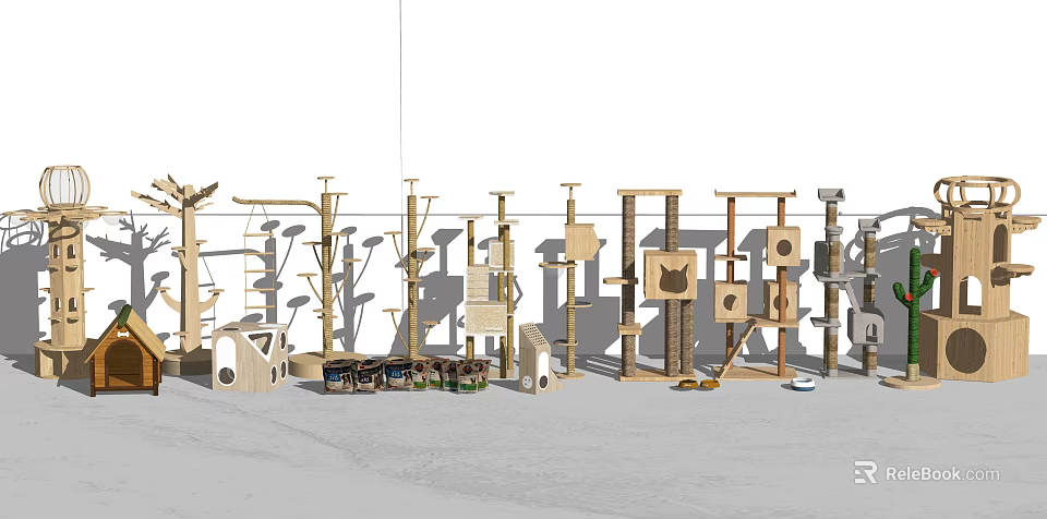 Variety of Wooden Cat Trees with Climbing Platforms and Perches for Cats 3d model 