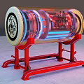 Transparent Cylindrical Mechanical Device With Internal Red Blue Components And Red Support Frame
