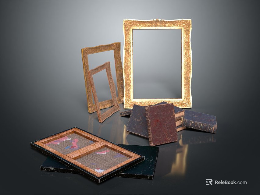Vintage Golden Decorative Picture Frames with Wooden Frames Stacked Together 3d model 