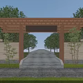 Traditional Entrance Gate With Wooden Structure Stone Walls Flagstone Path Surrounding Trees And Lawn