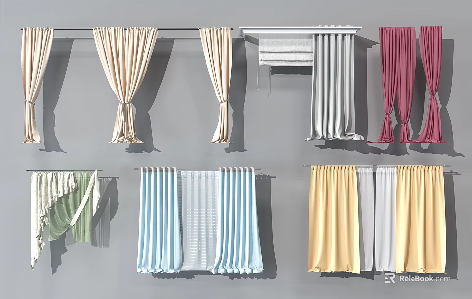Various Curtain Styles With Different Colors And Designs For Home Decor 3d model 