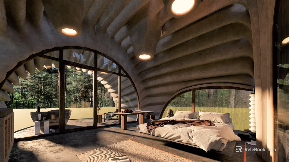 Hotel Guest Room Interior With Arched Windows Concrete Structure Cozy Bed And Forest Views 3d model 