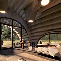 Hotel Guest Room Interior With Arched Windows Concrete Structure Cozy Bed And Forest Views