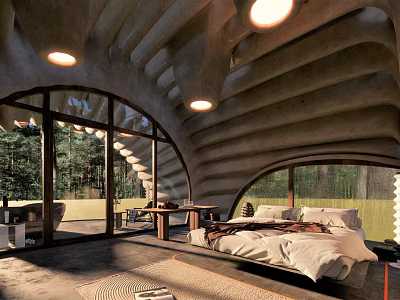 Hotel Guest Room Interior With Arched Windows Concrete Structure Cozy Bed And Forest Views 3d model