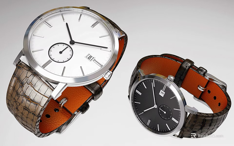 Classic Wristwatches With White And Black Dials Brown And Black Leather Straps And Metal Cases 3d model 