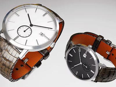 Classic Wristwatches With White And Black Dials Brown And Black Leather Straps And Metal Cases 3d model